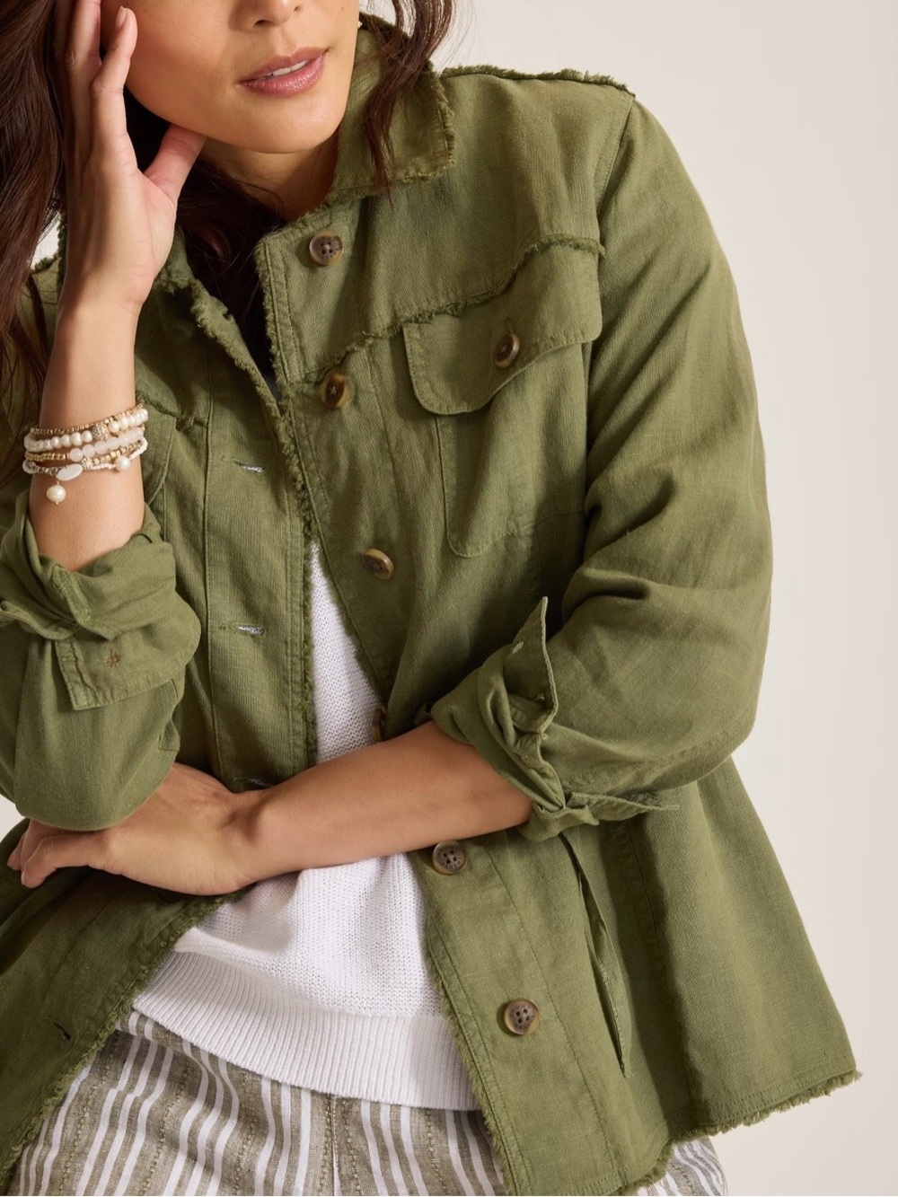 Tommy‎ Bahama Two Palms Linen Raw Edge Utility Jacket Dark Fern Travel Womens XL
